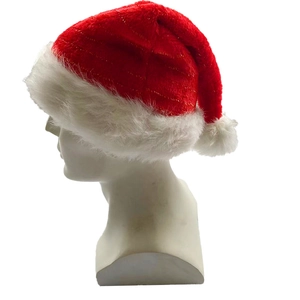 Classic red Christmas hat with gold wire and thick white plush trim on a display head