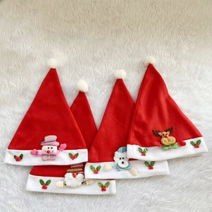 Classic red Christmas hats with 3D cartoon Santa, reindeer and snowman decorations