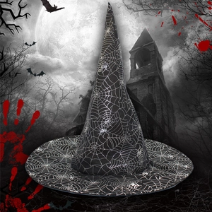 Classic black Halloween wizard hat featuring silver spider web patterns for party costumes