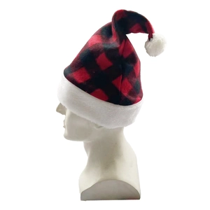 Classic red and black buffalo plaid Christmas hat with white plush trim for adults and kids