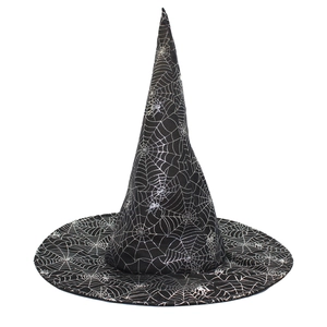 Classic black pointed wizard hat with silver spider web patterns for Halloween parties