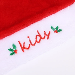 Red velvet Santa hat with white faux fur trim featuring kidy embroidery and holly leaf design