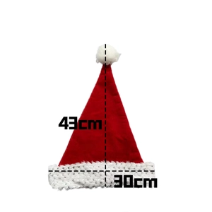 Detail view of the red sequin Christmas hat showing dimensions of 43cm height and 30cm width