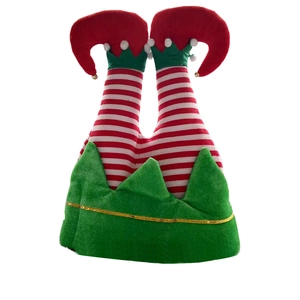 Chapeau de lutin de Noël en peluche avec jambes rayées rouge et blanc et base verte