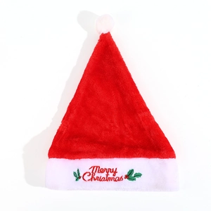Classic red plush Santa hat featuring Merry Christmas embroidery and white faux fur trim