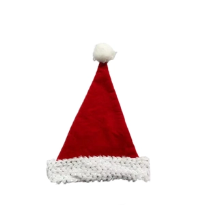 Classic red Christmas hat with white sequined faux fur trim and soft pom-pom topper