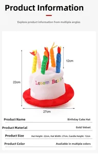 Detailed view of plush birthday cake hat with rainbow candles and size dimensions shown