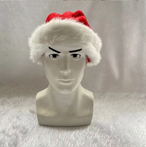 Detailed close-up of a classic red and white plush Christmas hat on a display head