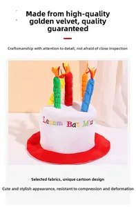 Detail of soft velvet cake birthday party hat with five colorful plush candles