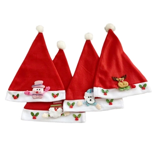 Set of 4 festive red Christmas hats featuring 3D cartoon Santa, snowman, bear, and reindeer