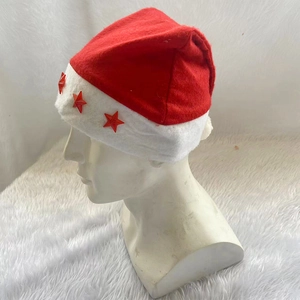 Detail shot of a red Christmas hat featuring three red star-shaped LED lights on the brim