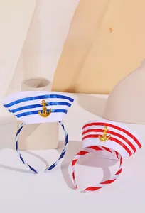 Detail view of nautical striped headbands featuring golden anchor accents for cosplay parties