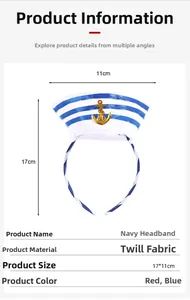 Infographic showing navy headband dimensions and twill fabric material details
