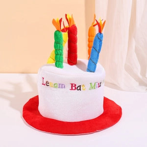 Creative plush cake party hat with colorful candles and embroidered text for birthdays