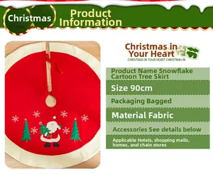 Detailed view of 90cm red Christmas tree skirt with embroidered Santa and snowflakes