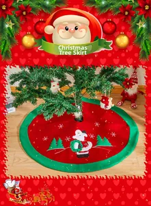 Detail of red Christmas tree skirt with Santa embroidery and festive green snowflake pattern