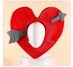 Detail of red plush heart headgear with Cupid's arrow design for Valentine's Day