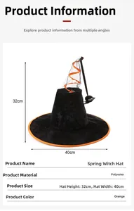 Detalle de sombrero de bruja de terciopelo negro con borde naranja, gasa y araña