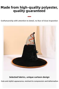 Detalle de sombrero de bruja de terciopelo negro con borde naranja y araña decorativa