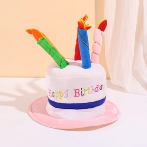 Plush birthday cake hat with colorful candles and Happy Birthday embroidery for parties