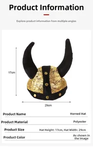 Detailed view of Viking horn hat with gold texture fabric and size 29x17cm specs