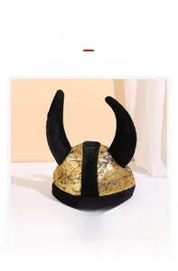 Close-up of golden and black polyester horn hat with durable anti-deformation texture