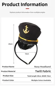 Detail showing mini navy sailor hat headband with gold anchor logo and braided rope