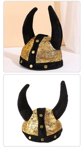 Detail of Viking horn helmet hat with gold crackle texture and black velvet accents