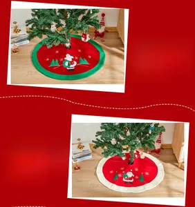 Detail of red Christmas tree skirts with festive embroidery and colorful borders