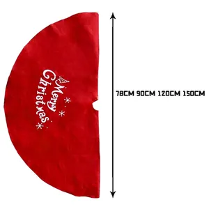Red Christmas tree skirt with Merry Christmas text and snowflake patterns in various sizes