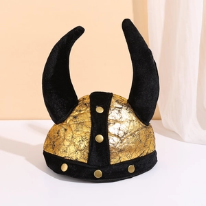 Viking Style Bull Horn Hat Golden Cracked Pattern Velvet Costume Helmet For Halloween Cosplay Party Headwear Decor