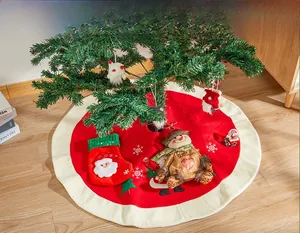 Detail of red Christmas tree skirt with plush white trim and 3D snowman applique