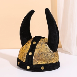 Viking horn hat with golden crackle texture and black velvet accents for Halloween