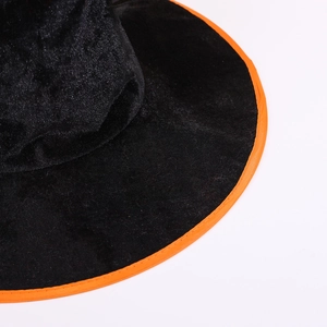 Sombrero de bruja de terciopelo negro con borde naranja para Halloween y fiestas