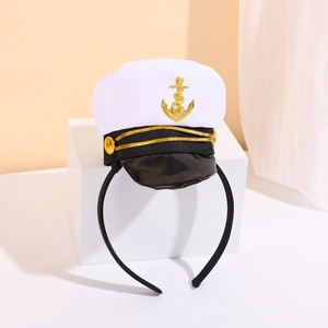 Captain sailor hat headband with gold anchor emblem and black visor for party costume