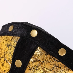 Festive bull horn hat with golden cracked texture fabric and black velvet stud detail