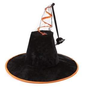 Sombrero de bruja negro para Halloween con borde naranja, malla en espiral y araña de felpa