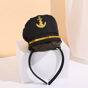 Miniature navy captain sailor hat headband with gold anchor badge and braided trim