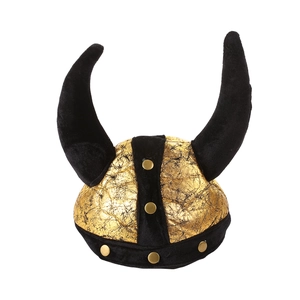 Viking style party hat with golden metallic texture and large black horns decoration