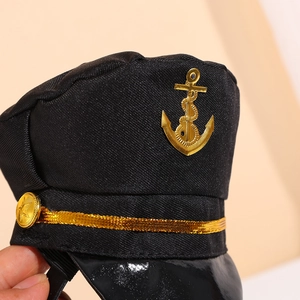 Navy captain hat with golden anchor badge and braided rope for costume parties