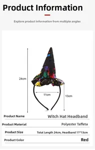 Halloween Hexenhut Haarreif aus Taffeta mit detaillierten Maßen und Größenangaben