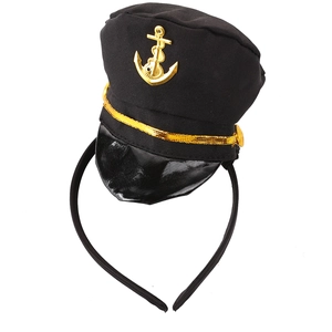 Mini navy captain hat headband with gold anchor badge for costume and party outfits