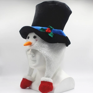 Cute snowman plush earflap hat with black top hat and red pompoms for Christmas party