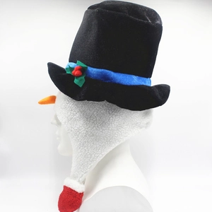 Creative Christmas snowman earflap hat with black top hat and velvet plush details