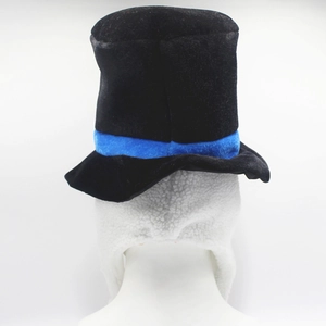 Creative snowman top hat with blue ribbon and plush earflaps for Christmas decor
