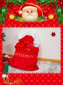 Detail of red and white plush Christmas bag with Merry Christmas embroidery and soft texture
