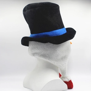 Rear view of snowman hat featuring a black velvet top and white fleece earflaps