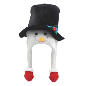 Cute snowman plush trapper hat for Christmas with earflaps and red glove tassels