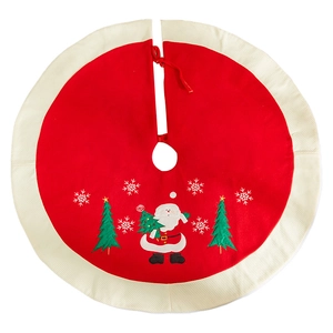 Classic red Christmas tree skirt featuring Santa Claus, green trees, and white snowflakes