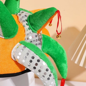 Grüner und orangefarbener Narrenhut aus Samt mit Pailletten und Glocken für Partys